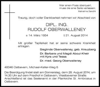 Todesanzeige von Rudolf Oberwalleney von Westfälische Nachrichten