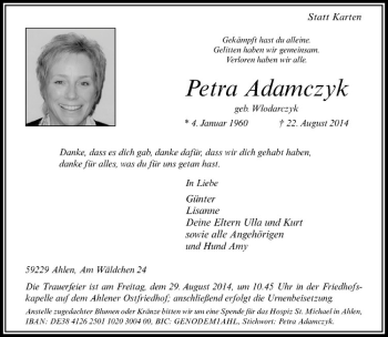 Todesanzeige von Petra Adamczyk von Westfälische Nachrichten