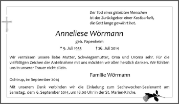 Todesanzeige von Anneliese Wörmann von Westfälische Nachrichten
