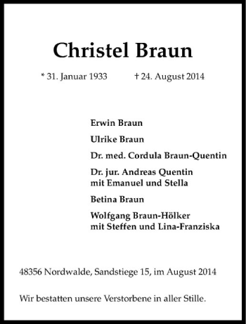 Todesanzeige von Christel Braun von Westfälische Nachrichten
