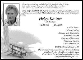 Todesanzeige von Helga Kestner von Westfälische Nachrichten