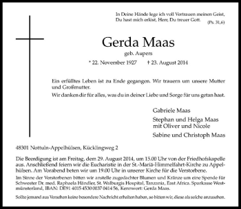 Todesanzeige von Gerda Maas von Westfälische Nachrichten