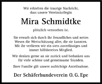 Todesanzeige von Mira Schmidtke von Westfälische Nachrichten