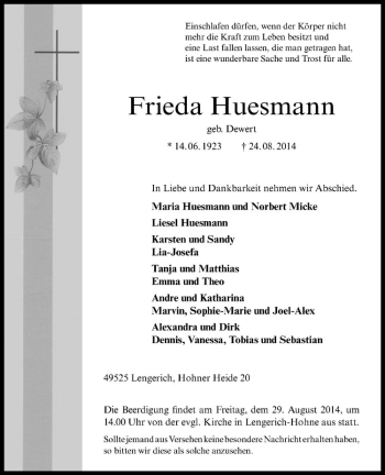 Todesanzeige von Frieda Huesmann von Westfälische Nachrichten