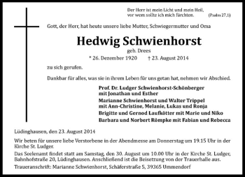 Todesanzeige von Hedwig Schwienhorst von Westfälische Nachrichten