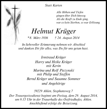 Todesanzeige von Helmut Krüger von Westfälische Nachrichten