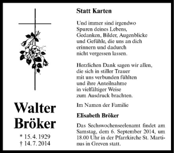 Todesanzeige von Walter Bröker von Westfälische Nachrichten