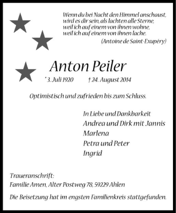 Todesanzeige von Anton Peiler von Westfälische Nachrichten