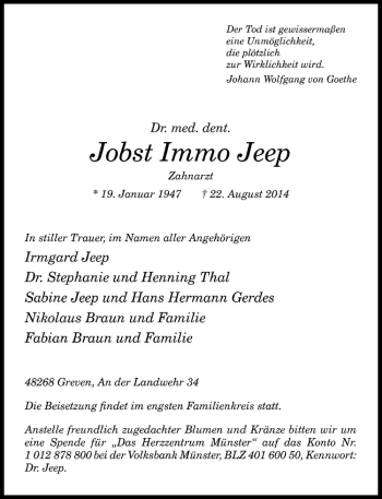 Todesanzeige von Jobst Immo Jeep von Westfälische Nachrichten