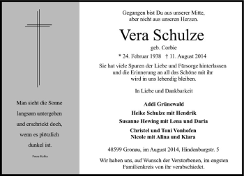 Todesanzeige von Vera Schulze von Westfälische Nachrichten