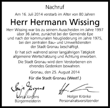 Todesanzeige von Hermann Wissing von Westfälische Nachrichten