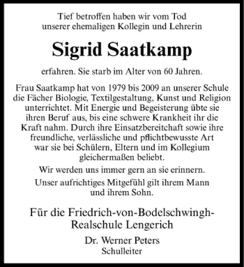 Todesanzeige von Sigrid Saatkamp von Westfälische Nachrichten