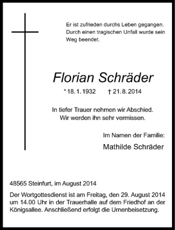 Todesanzeige von Schräder Florian von Westfälische Nachrichten