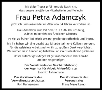 Todesanzeige von Petra Adamczyk von Westfälische Nachrichten