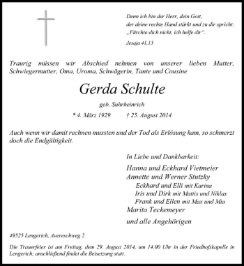 Todesanzeige von Gerda Schulte von Westfälische Nachrichten