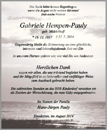 Todesanzeige von Gabriele Hempen-Pauly von Westfälische Nachrichten