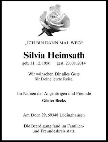 Todesanzeige von Silvia Heimsath von Westfälische Nachrichten