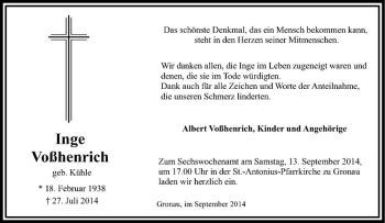 Todesanzeige von Inge Voßhenrich von Westfälische Nachrichten