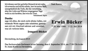 Todesanzeige von Erwin Bücker von Westfälische Nachrichten