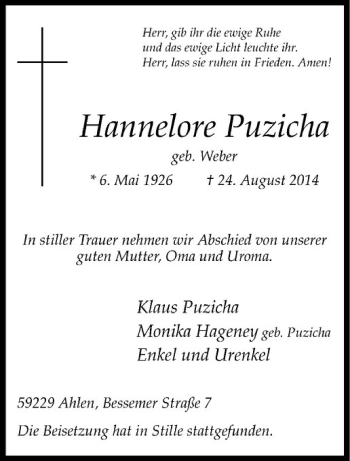 Todesanzeige von Hannelore Puzicka von Westfälische Nachrichten
