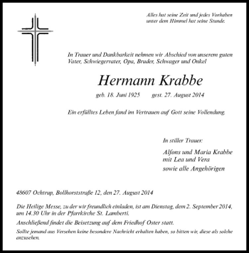 Todesanzeige von Hermann Krabbe von Westfälische Nachrichten
