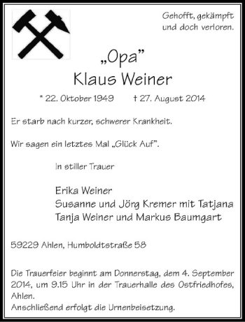Todesanzeige von Klaus Weiner von Westfälische Nachrichten