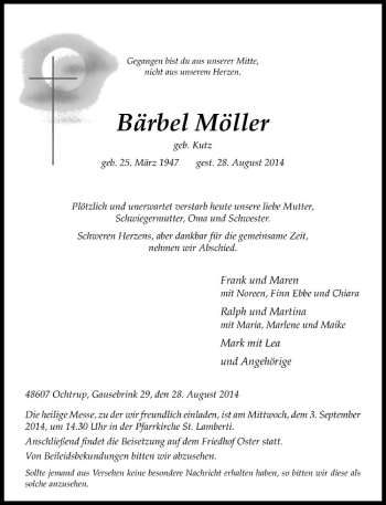 Todesanzeige von Bärbel Möller von Westfälische Nachrichten