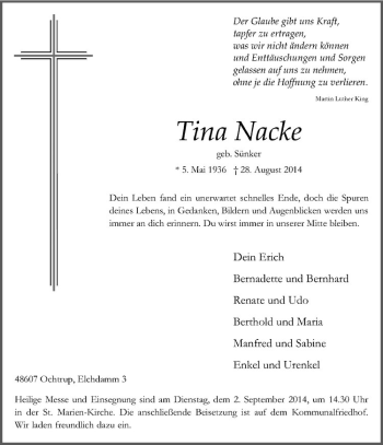 Todesanzeige von Tina Nacke von Westfälische Nachrichten