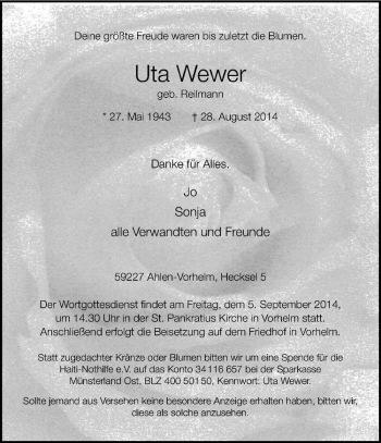 Todesanzeige von Uta Wewer von Westfälische Nachrichten