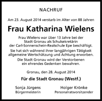 Todesanzeige von Katharina Wielens von Westfälische Nachrichten