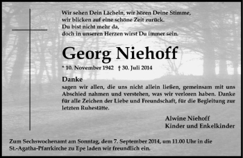 Todesanzeige von Georg Niehoff von Westfälische Nachrichten