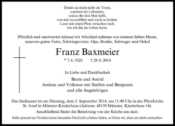 Todesanzeige von Franz Baxmeier von Westfälische Nachrichten