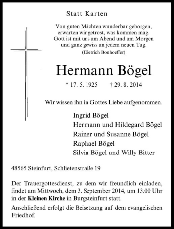 Todesanzeige von Hermann Bögel von Westfälische Nachrichten