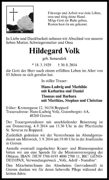 Todesanzeige von Hildegard Volk von Westfälische Nachrichten