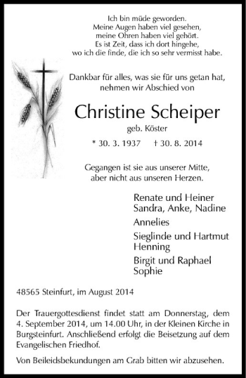 Todesanzeige von Christine Scheiper von Westfälische Nachrichten