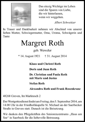 Todesanzeige von Margret Roth von Westfälische Nachrichten