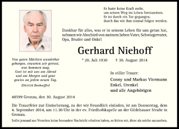 Todesanzeige von Gerhard Niehoff von Westfälische Nachrichten