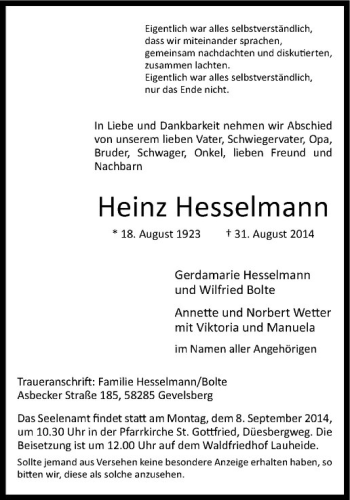 Todesanzeige von Heinz Hesselmann von Westfälische Nachrichten