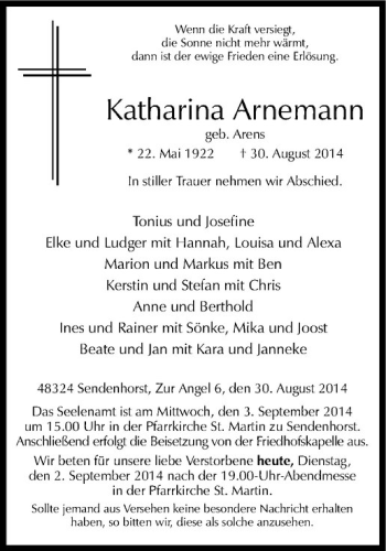 Todesanzeige von Katharina Arnemann von Westfälische Nachrichten