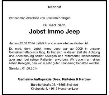 Todesanzeige von Jobst Immo Jeep von Westfälische Nachrichten