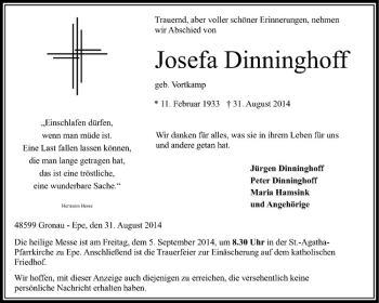Todesanzeige von Josef Dinninghoff von Westfälische Nachrichten