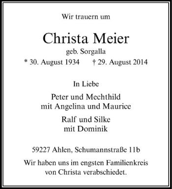 Todesanzeige von Christa Meier von Westfälische Nachrichten
