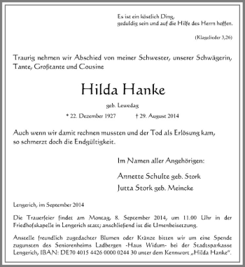 Todesanzeige von Hilda Hanke von Westfälische Nachrichten