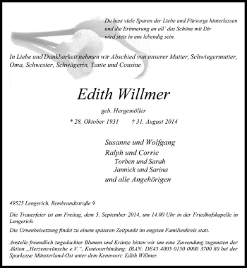 Todesanzeige von Edith Willmer von Westfälische Nachrichten