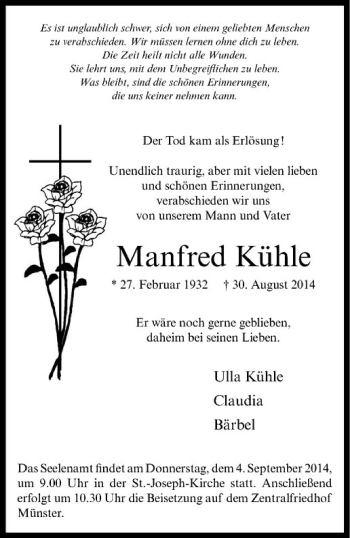 Todesanzeige von Manfred Kühle von Westfälische Nachrichten