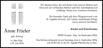 Todesanzeige von Änne Frieler von Westfälische Nachrichten