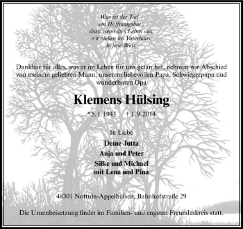 Todesanzeige von Klemens Hülsing von Westfälische Nachrichten