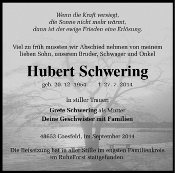 Todesanzeige von Hubert Schwering von Westfälische Nachrichten