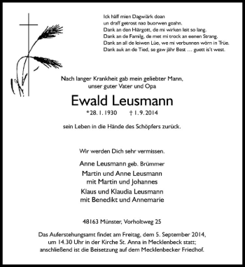 Todesanzeige von Ewald Leusmann von Westfälische Nachrichten