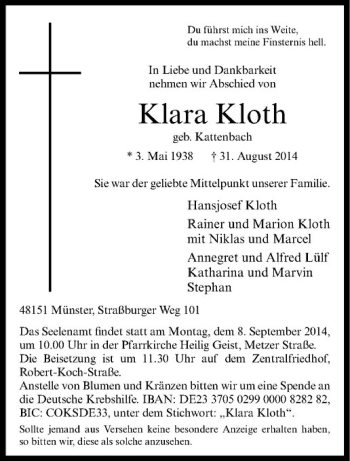 Todesanzeige von Klara Kloth von Westfälische Nachrichten